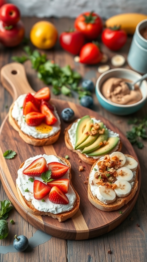 Cottage Cheese Toast Variations Three varieties of cottage cheese toast: sweet with strawberries, savory with avocado, and nut butter with banana.